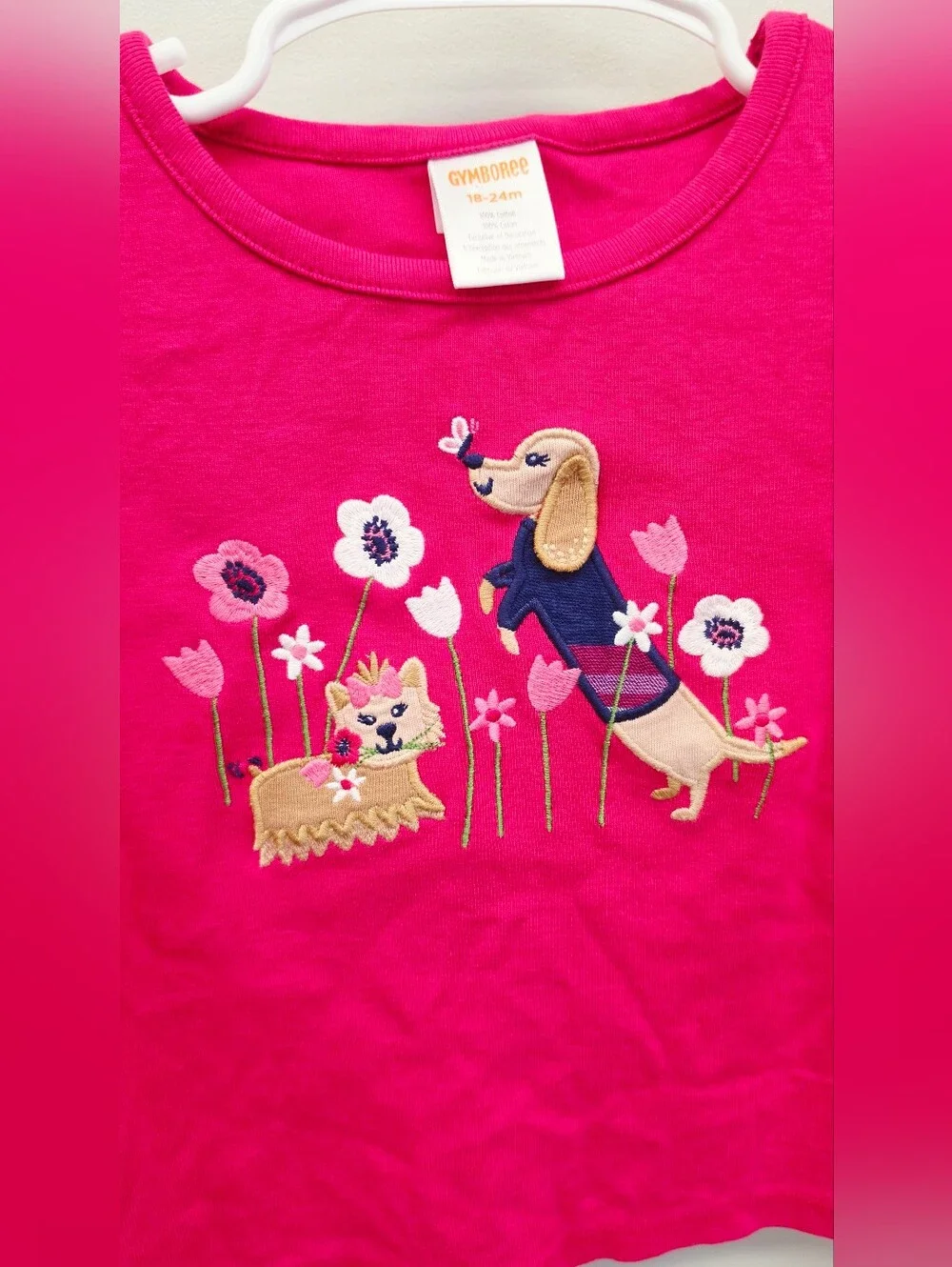 Gymboree Girls Pink Dog Cat Floral Embroidered Long Sleeve Top 18-24M